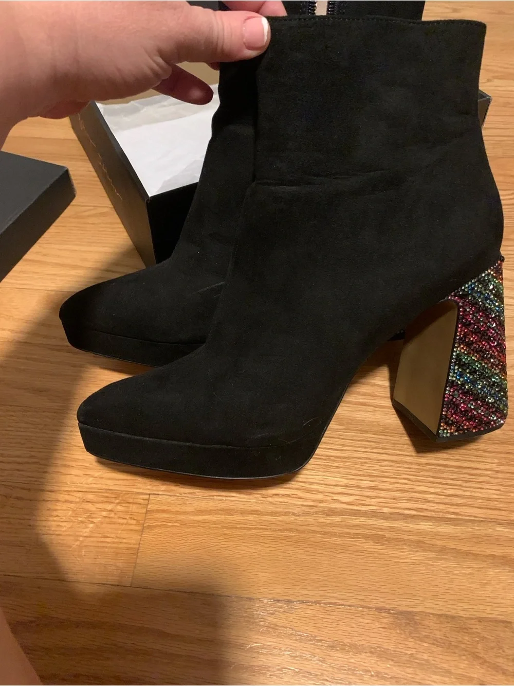 Betsey Johnson Black Suede Ankle Boots with Rainbow Crystal Block Heel